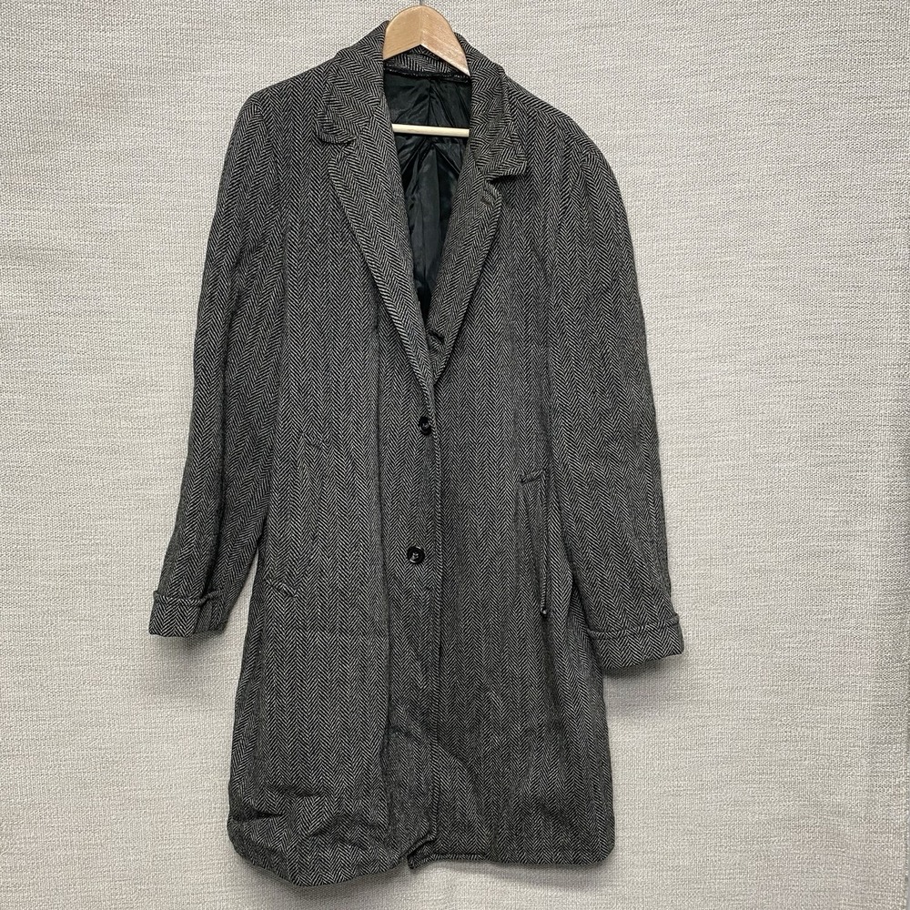 60s Harris Tweed Overcoat (L) Wool Herringbone Donegal Gray